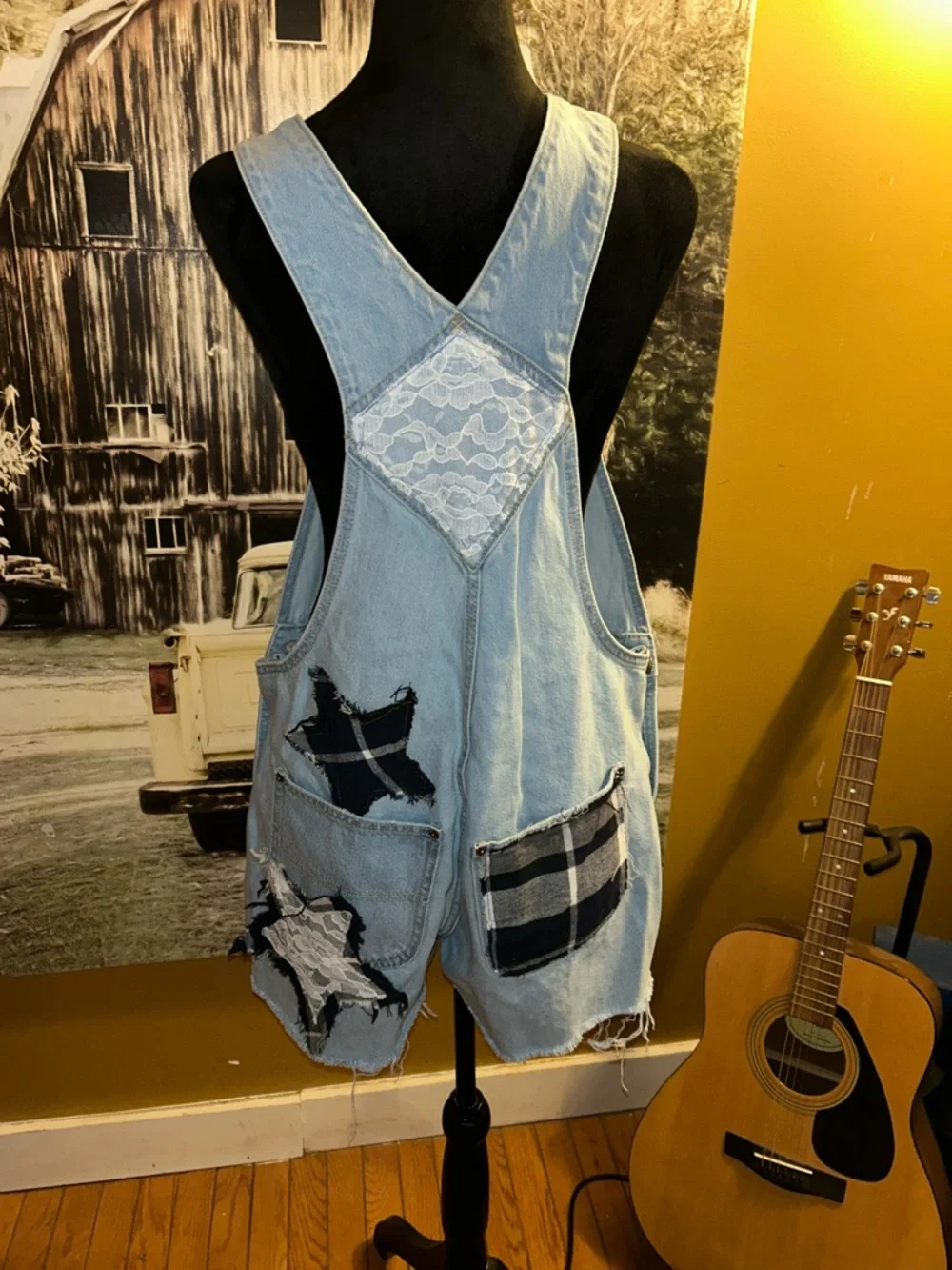 Upcycled denim overall shorts - Picture 1 of 3